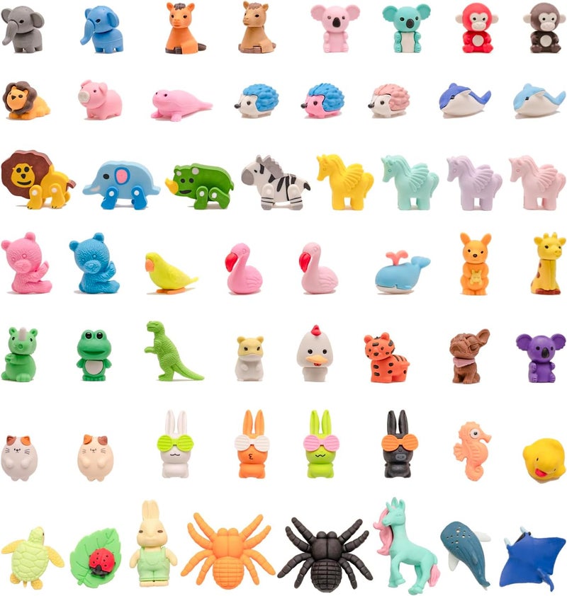 Clock King 56Pcs 3D Animal Erasers for Kids, All are Animal Styles, Random Desktop Pets Toys Gifts, Mini Puzzle Classroom Rewards, Kids Party Favors Back to School Supplies - Image 1